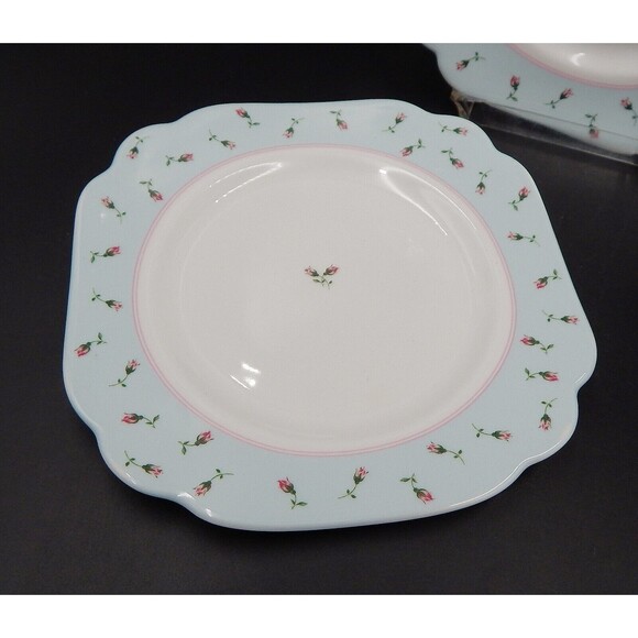 Royal Albert Rose Buds Everyday Salad Plates Square 8 Inch Scalloped Blue Edge - Picture 3 of 8